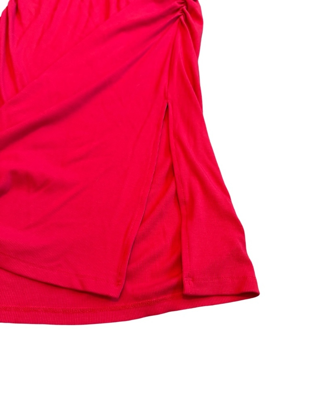 Boston Proper Ruffle Knit Rib Ruched Dress Bold Red Stretch Fitted Size Large - Picture 7 of 12